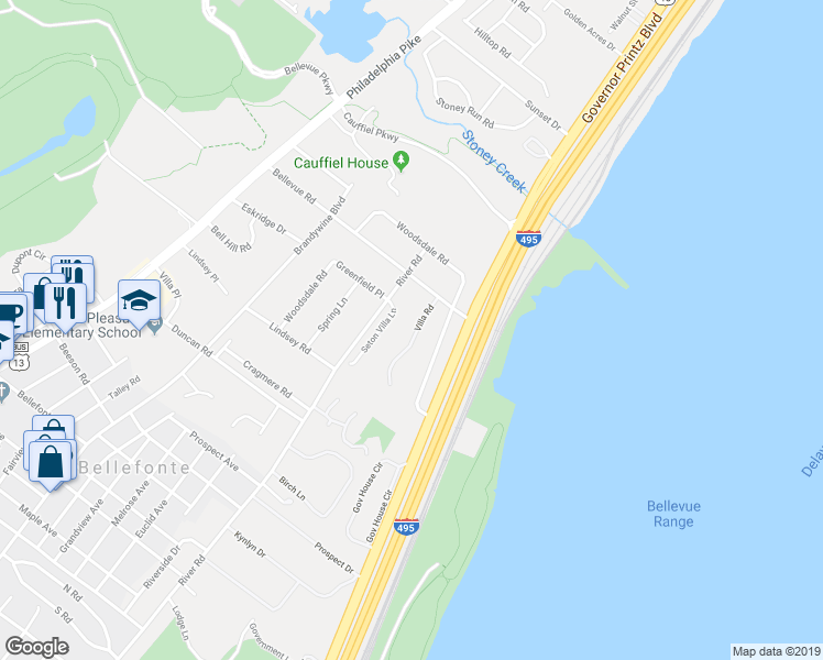 map of restaurants, bars, coffee shops, grocery stores, and more near 1557 Villa Road in Wilmington