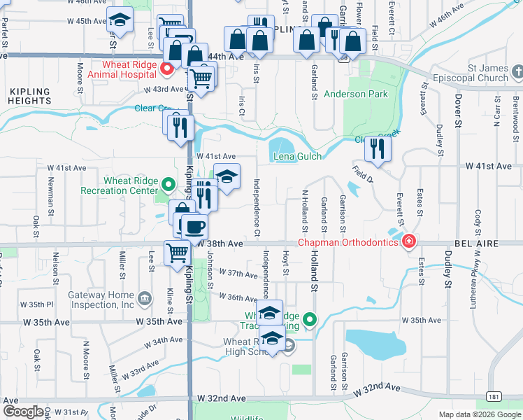 map of restaurants, bars, coffee shops, grocery stores, and more near 3894 Independence Court in Wheat Ridge