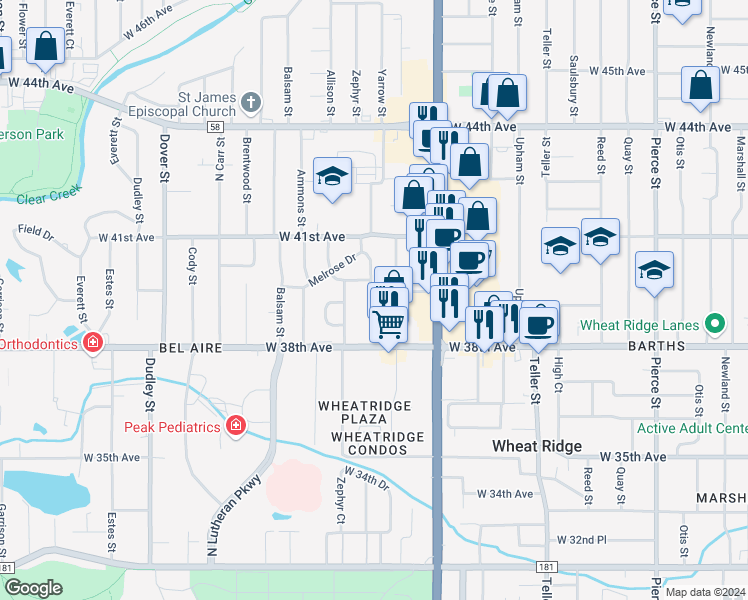 map of restaurants, bars, coffee shops, grocery stores, and more near 7821 West 38th Avenue in Wheat Ridge