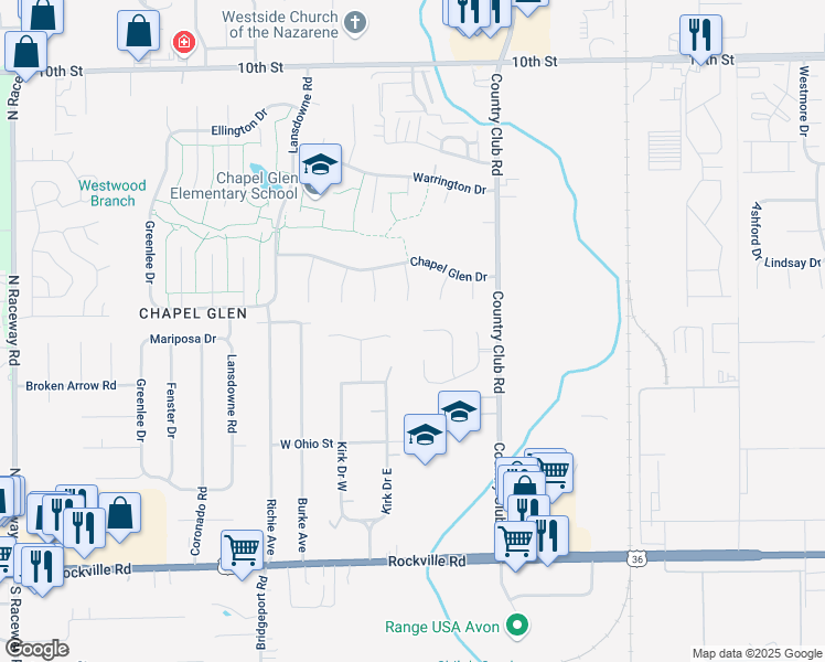 map of restaurants, bars, coffee shops, grocery stores, and more near 399 Nottinghill Court in Indianapolis