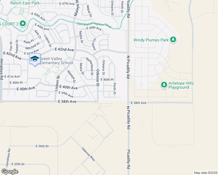 map of restaurants, bars, coffee shops, grocery stores, and more near 21544 East 40th Avenue in Denver