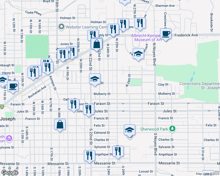 map of restaurants, bars, coffee shops, grocery stores, and more near 519 North 24th Street in Saint Joseph