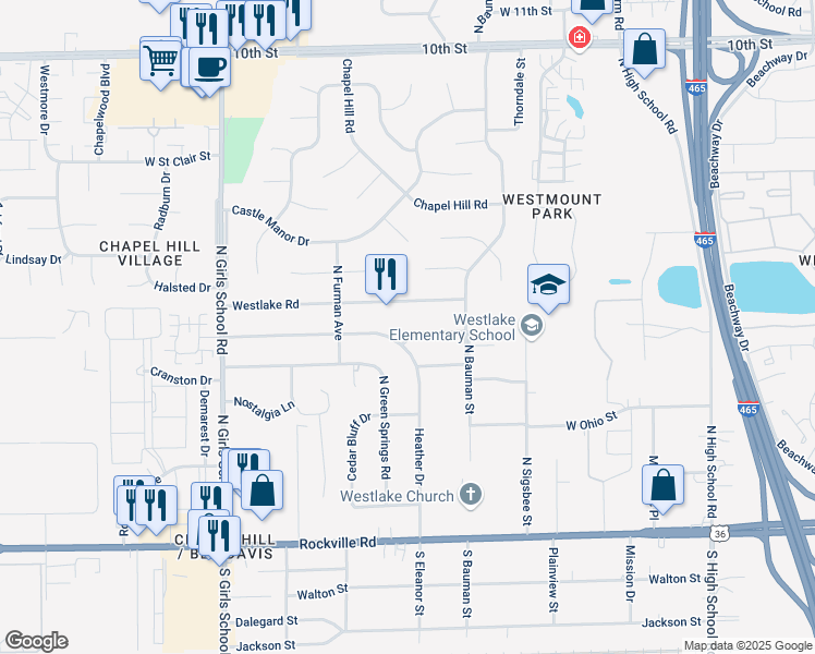 map of restaurants, bars, coffee shops, grocery stores, and more near 6904 West Lockerbie Drive in Indianapolis