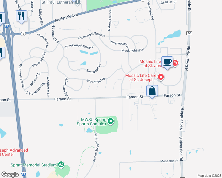 map of restaurants, bars, coffee shops, grocery stores, and more near 406 Rockwood Court in Saint Joseph