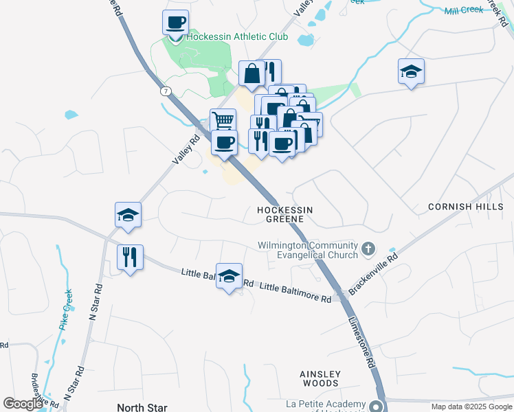 map of restaurants, bars, coffee shops, grocery stores, and more near 5 Ice Pond Trail in Hockessin