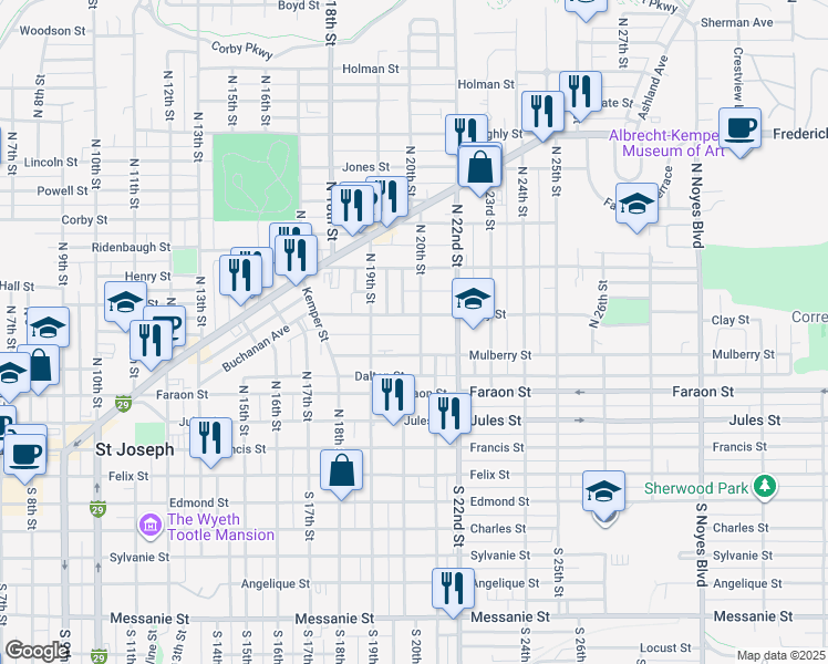 map of restaurants, bars, coffee shops, grocery stores, and more near 516 North 20th Street in Saint Joseph