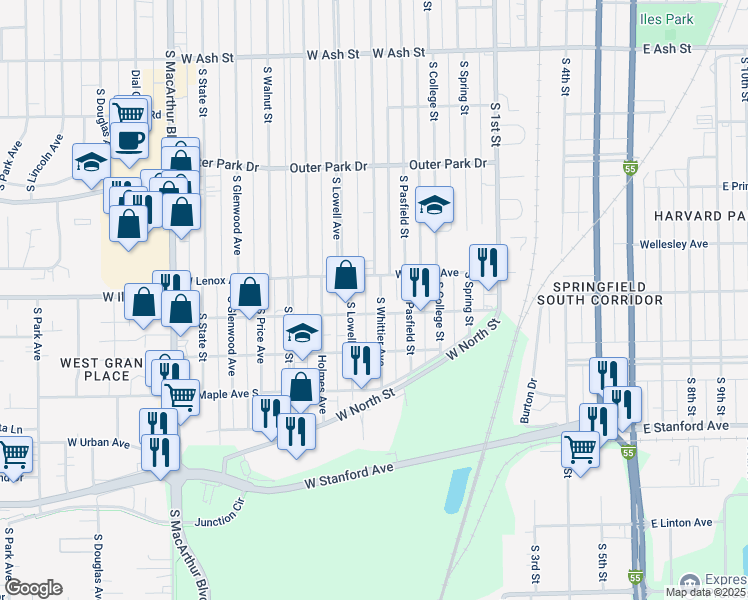 map of restaurants, bars, coffee shops, grocery stores, and more near 2639 South Whittier Avenue in Springfield