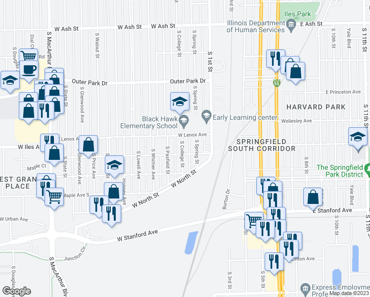 map of restaurants, bars, coffee shops, grocery stores, and more near 2632 South College Street in Springfield