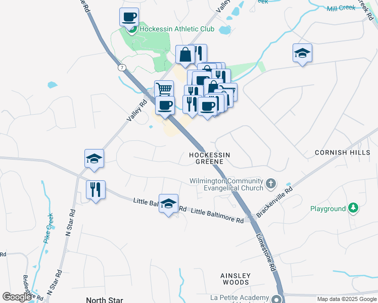 map of restaurants, bars, coffee shops, grocery stores, and more near 5 Ice Pond Trail in Hockessin