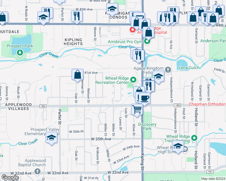 map of restaurants, bars, coffee shops, grocery stores, and more near 3935 Miller Street in Wheat Ridge