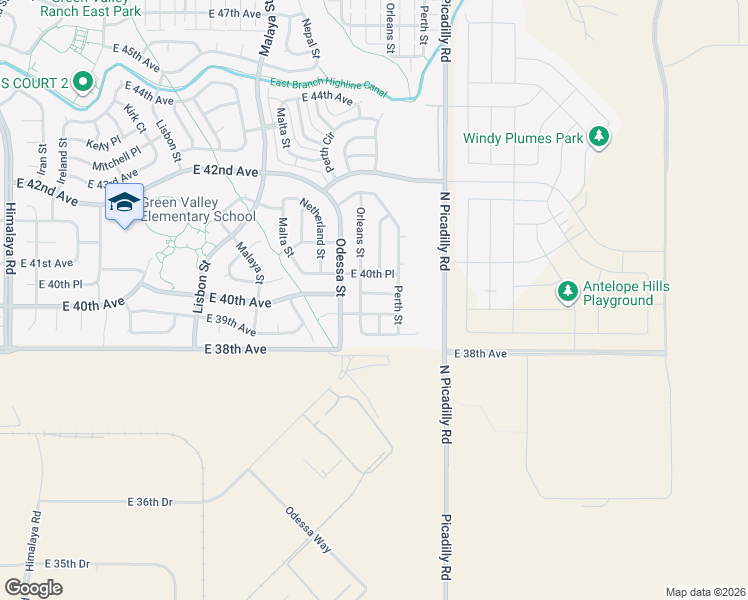 map of restaurants, bars, coffee shops, grocery stores, and more near 21544 East 40th Avenue in Denver