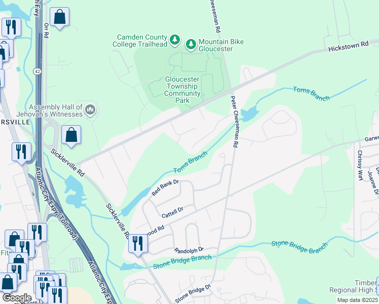 map of restaurants, bars, coffee shops, grocery stores, and more near 36 Morningstar Court in Sicklerville