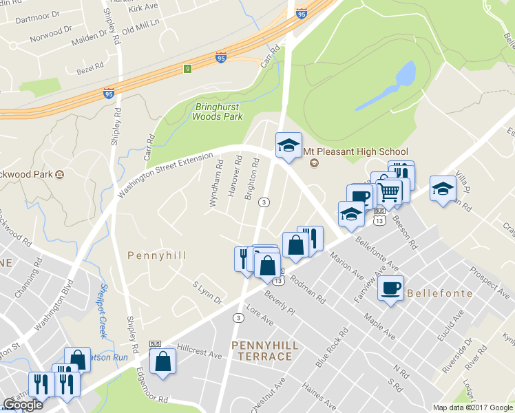 map of restaurants, bars, coffee shops, grocery stores, and more near 508 Marsh Road in Wilmington