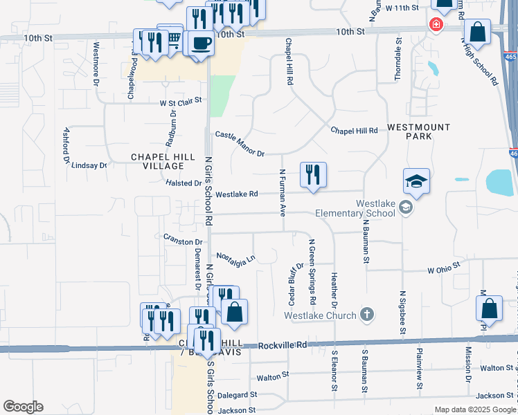 map of restaurants, bars, coffee shops, grocery stores, and more near 7118 West Lockerbie Drive in Indianapolis