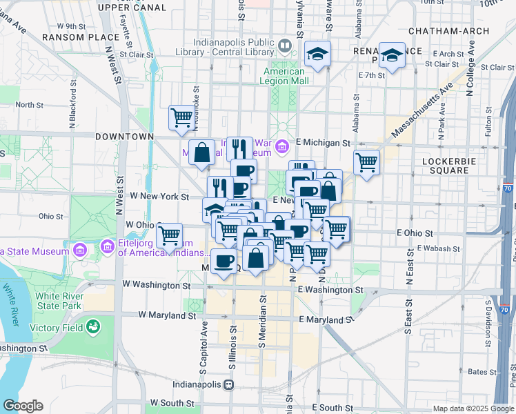 map of restaurants, bars, coffee shops, grocery stores, and more near 240 North Meridian Street in Indianapolis