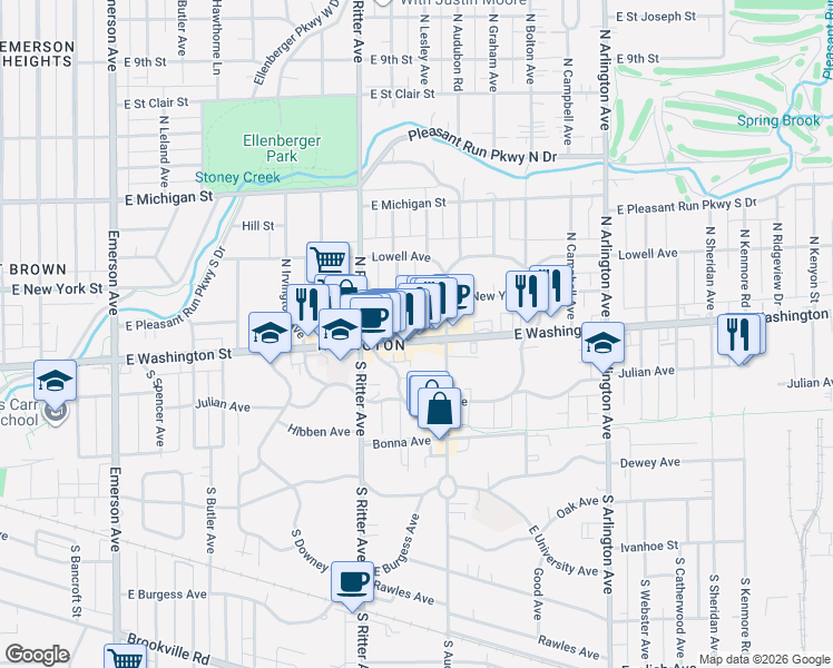 map of restaurants, bars, coffee shops, grocery stores, and more near 5618 E Washington St in Indianapolis