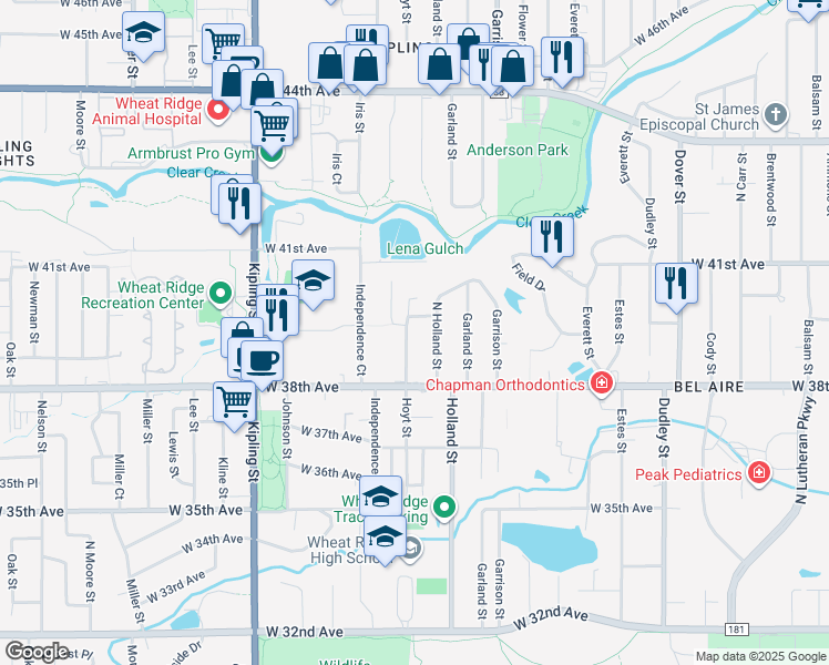 map of restaurants, bars, coffee shops, grocery stores, and more near 3880 Hoyt Street in Wheat Ridge