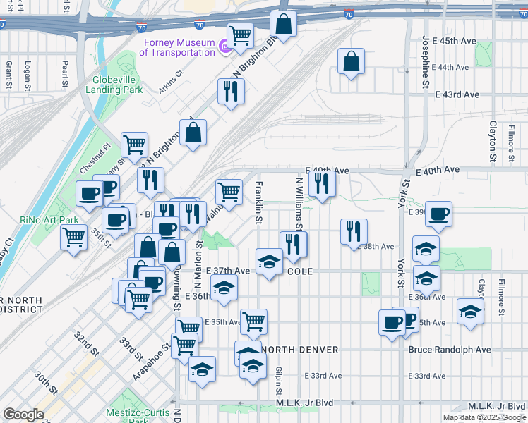 map of restaurants, bars, coffee shops, grocery stores, and more near 3844 Franklin Street in Denver