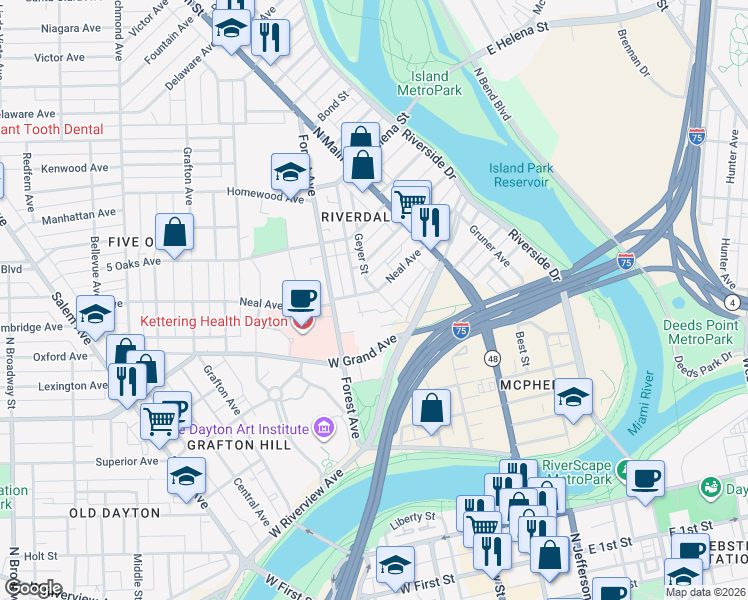 map of restaurants, bars, coffee shops, grocery stores, and more near 106 Neal Avenue in Dayton