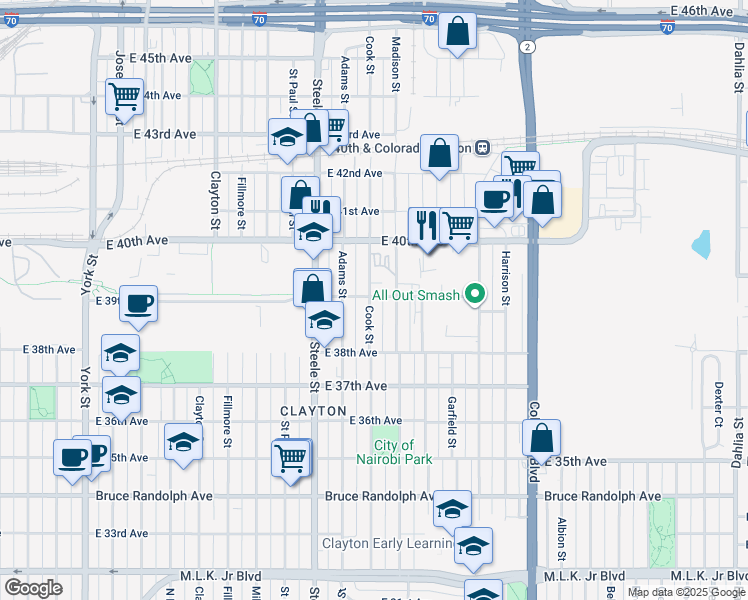map of restaurants, bars, coffee shops, grocery stores, and more near 3894 Cook Street in Denver