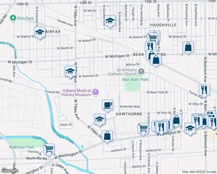 map of restaurants, bars, coffee shops, grocery stores, and more near 3101-3199 West Vermont Street in Indianapolis