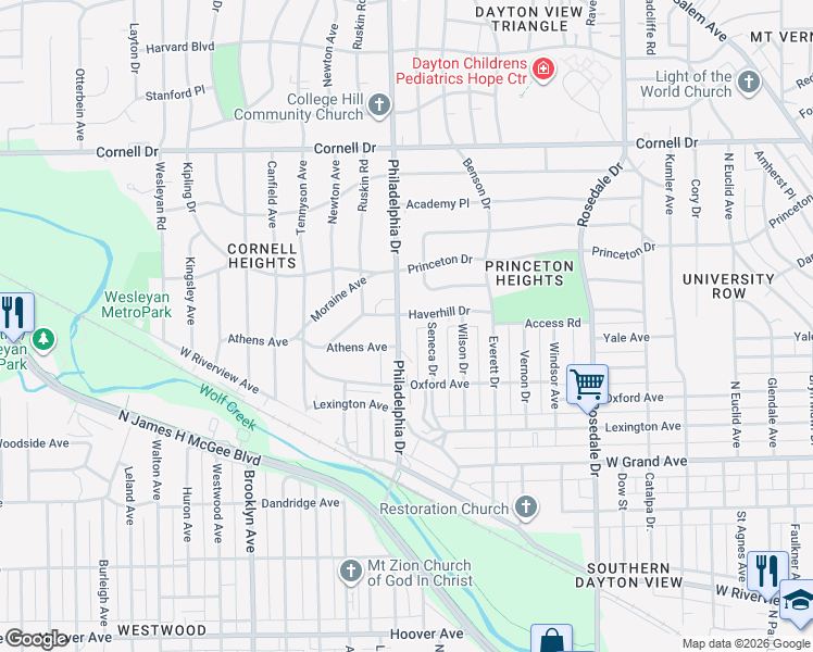 map of restaurants, bars, coffee shops, grocery stores, and more near 1324 Philadelphia Drive in Dayton