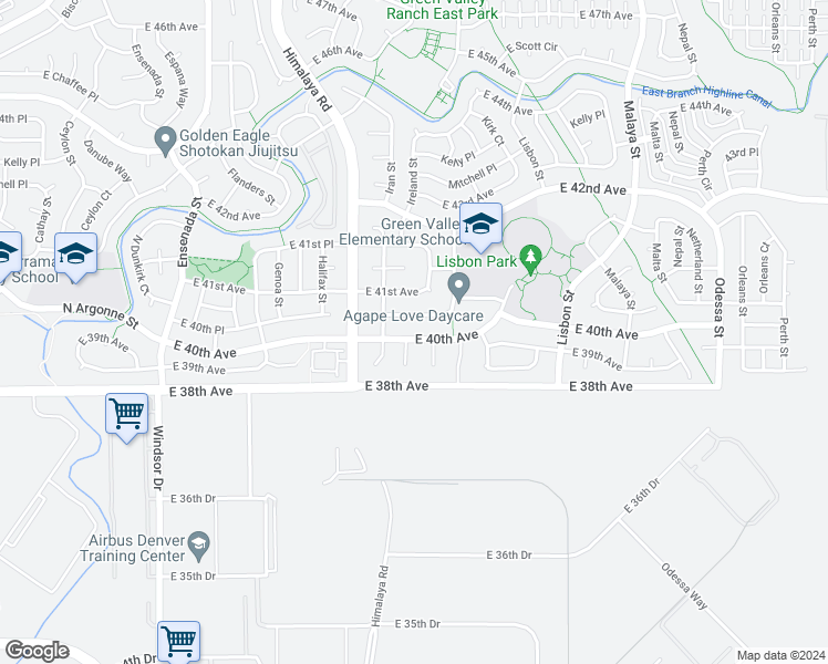 map of restaurants, bars, coffee shops, grocery stores, and more near 20361 East 40th Avenue in Denver