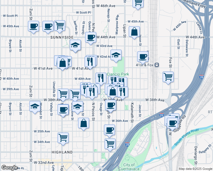 map of restaurants, bars, coffee shops, grocery stores, and more near 3917 Navajo Street in Denver