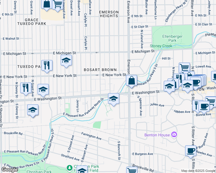 map of restaurants, bars, coffee shops, grocery stores, and more near 30 North Riley Avenue in Indianapolis