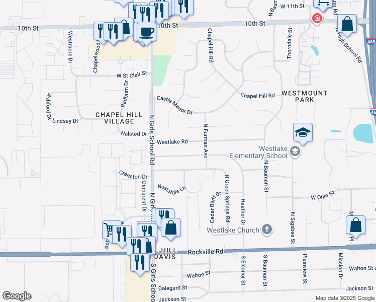 map of restaurants, bars, coffee shops, grocery stores, and more near 7118 West Lockerbie Drive in Indianapolis