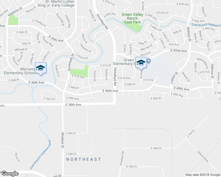 map of restaurants, bars, coffee shops, grocery stores, and more near 20071 East 40th Avenue in Denver
