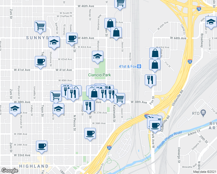 map of restaurants, bars, coffee shops, grocery stores, and more near 3920 Lipan Street in Denver