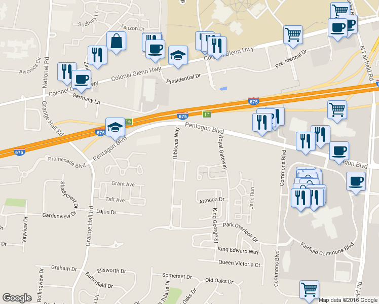 map of restaurants, bars, coffee shops, grocery stores, and more near 3658 Lilac Lane in Beavercreek