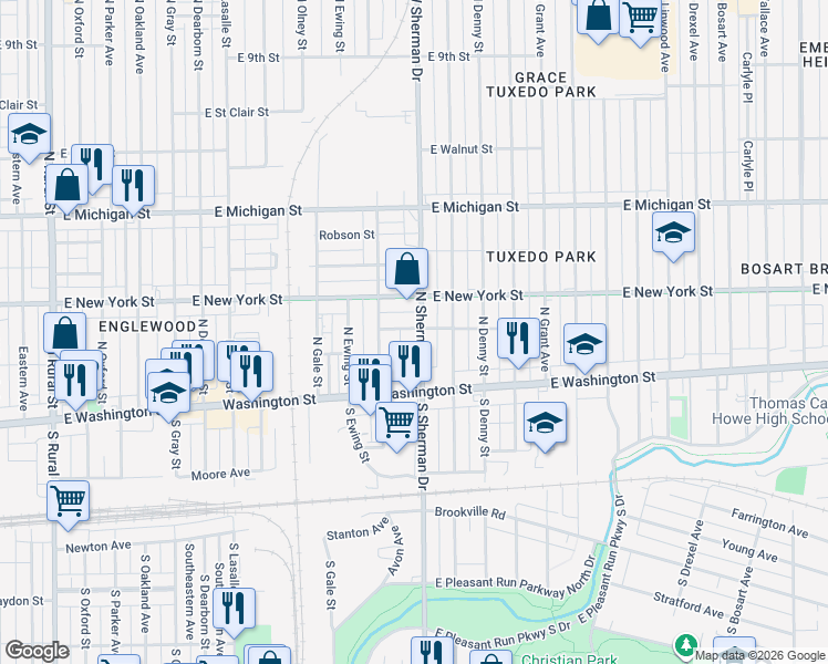 map of restaurants, bars, coffee shops, grocery stores, and more near 3721 East Market Street in Indianapolis