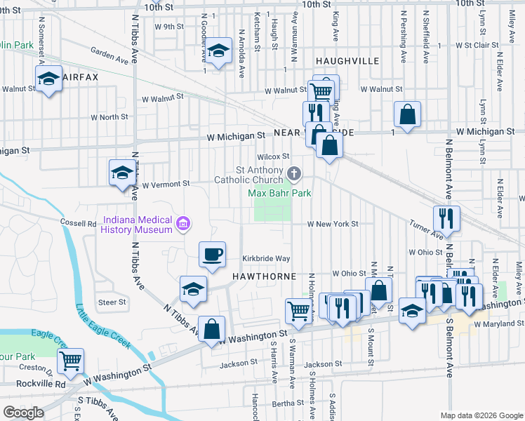 map of restaurants, bars, coffee shops, grocery stores, and more near 300 North Warman Avenue in Indianapolis