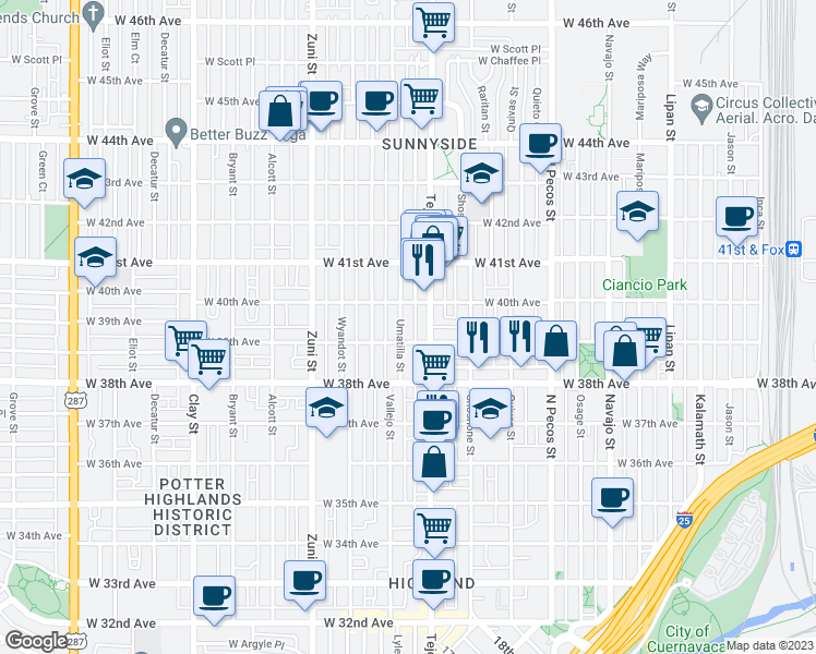 map of restaurants, bars, coffee shops, grocery stores, and more near 3922 Umatilla Street in Denver