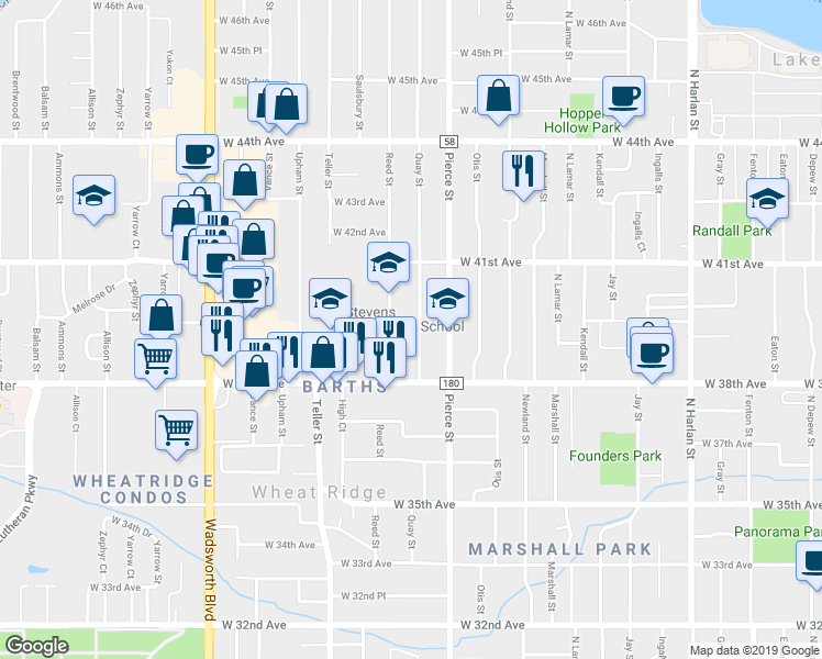 map of restaurants, bars, coffee shops, grocery stores, and more near 3885 Quay Street in Wheat Ridge