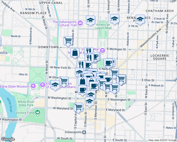 map of restaurants, bars, coffee shops, grocery stores, and more near in Indianapolis