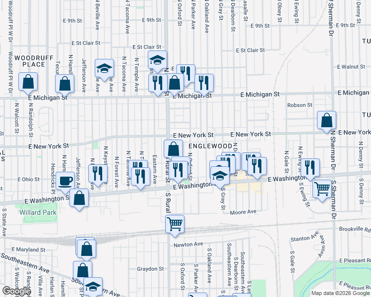 map of restaurants, bars, coffee shops, grocery stores, and more near 238 North Oxford Street in Indianapolis