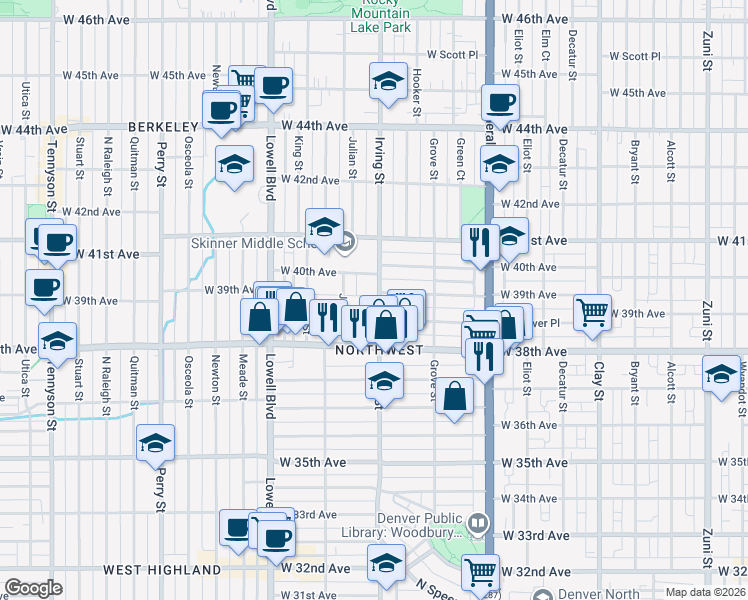 map of restaurants, bars, coffee shops, grocery stores, and more near 3917 Irving Street in Denver