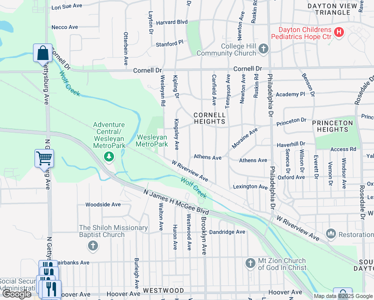 map of restaurants, bars, coffee shops, grocery stores, and more near 1315 Alcott Avenue in Dayton