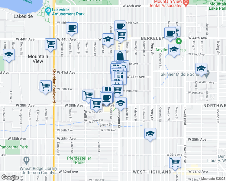map of restaurants, bars, coffee shops, grocery stores, and more near 4436 West 39th Avenue in Denver