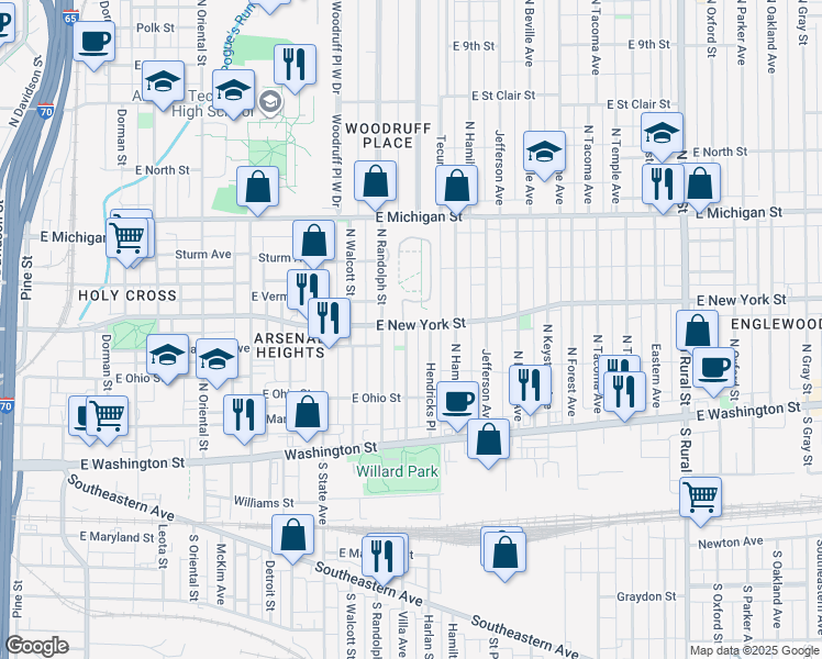 map of restaurants, bars, coffee shops, grocery stores, and more near 273 Parkview Avenue in Indianapolis