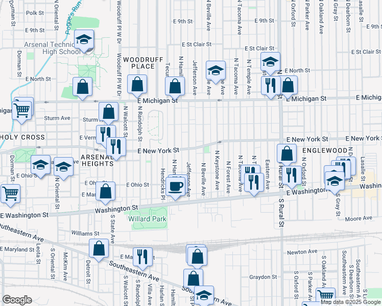 map of restaurants, bars, coffee shops, grocery stores, and more near 245 Jefferson Avenue in Indianapolis