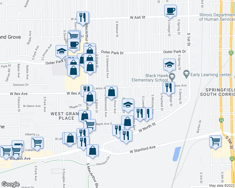 map of restaurants, bars, coffee shops, grocery stores, and more near 2620 South Price Avenue in Springfield