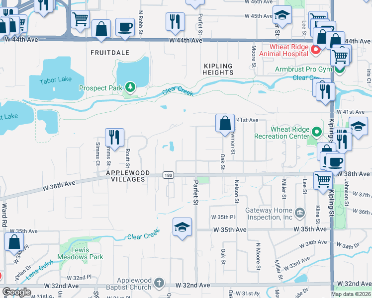 map of restaurants, bars, coffee shops, grocery stores, and more near 3905 Pierson Street in Wheat Ridge