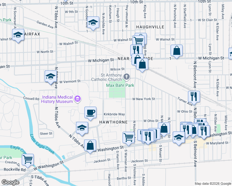 map of restaurants, bars, coffee shops, grocery stores, and more near 300 North Warman Avenue in Indianapolis