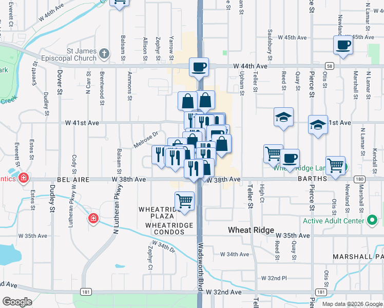 map of restaurants, bars, coffee shops, grocery stores, and more near 7720 West 39th Avenue in Wheat Ridge