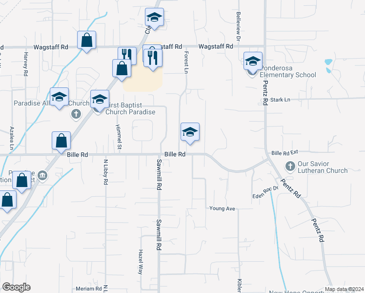 map of restaurants, bars, coffee shops, grocery stores, and more near 6212 Forest Lane in Paradise