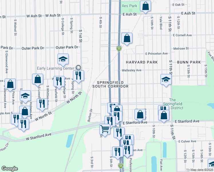 map of restaurants, bars, coffee shops, grocery stores, and more near 2501 South 5th Street in Springfield